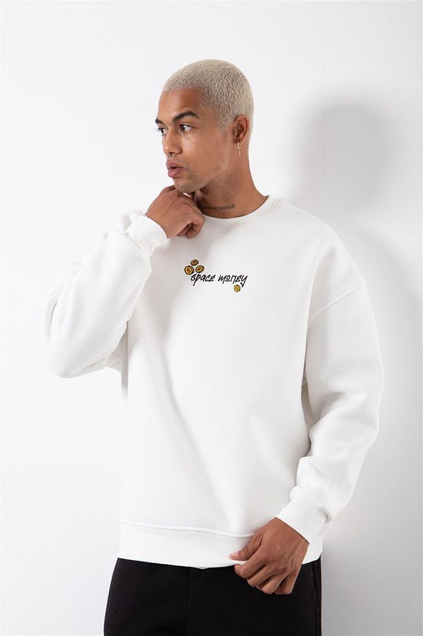Erkek Cosmic Monkey Baskılı Oversize Ekru Sweatshirt - 2