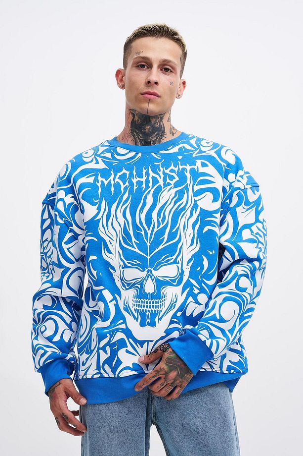 Erkek Skull Baskılı Oversize Saks Sweatshirt - 1