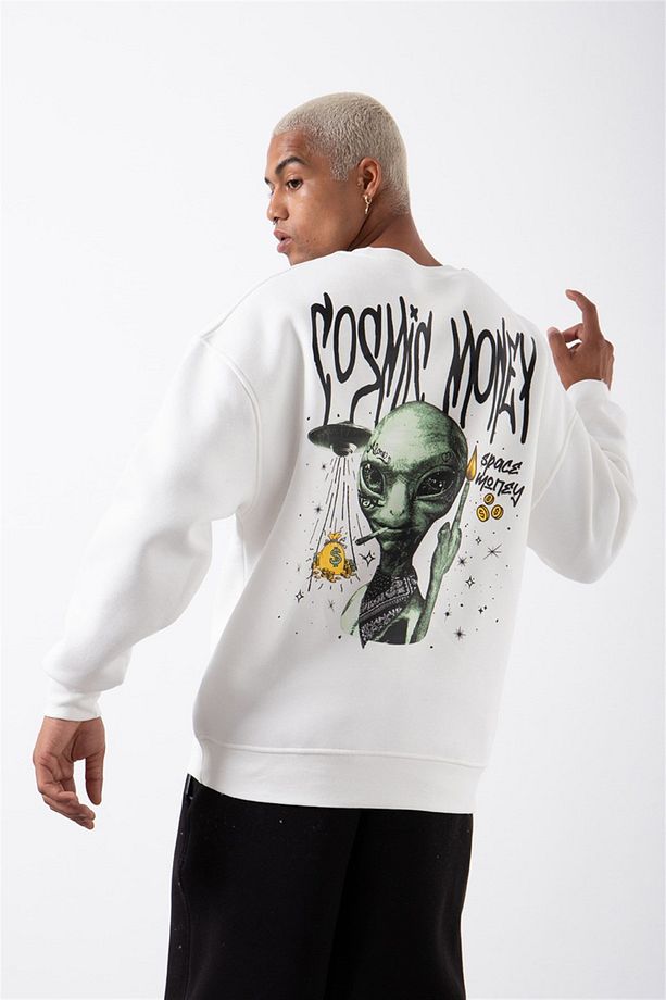 Erkek Cosmic Monkey Baskılı Oversize Ekru Sweatshirt - 3