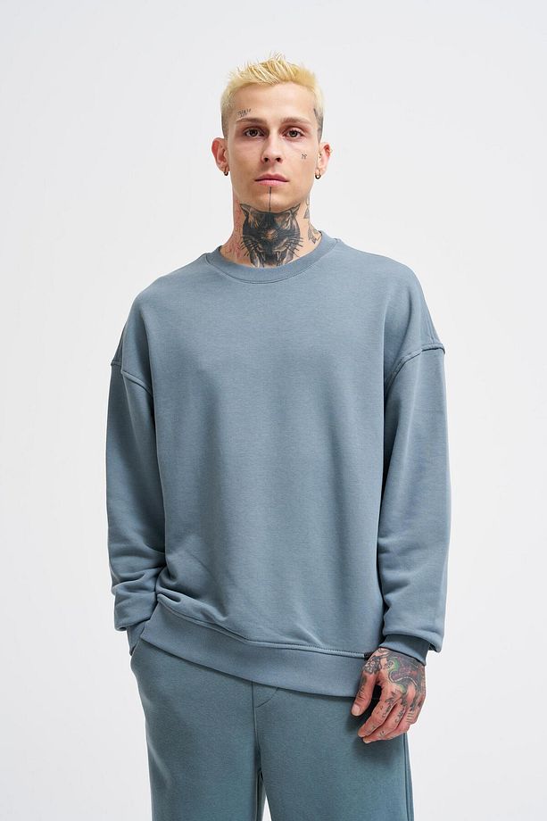 Erkek Basic Oversize Mavi Sweatshirt - 1