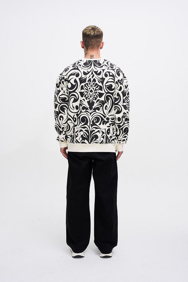 Erkek Skull Baskılı Oversize Ekru Sweatshirt - 5