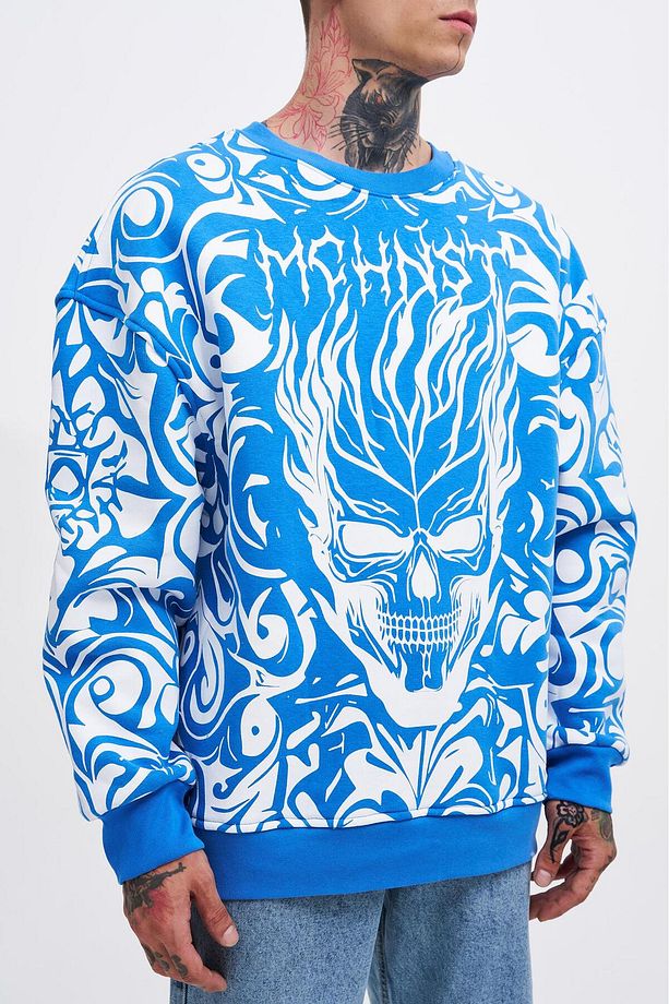 Erkek Skull Baskılı Oversize Saks Sweatshirt - 2