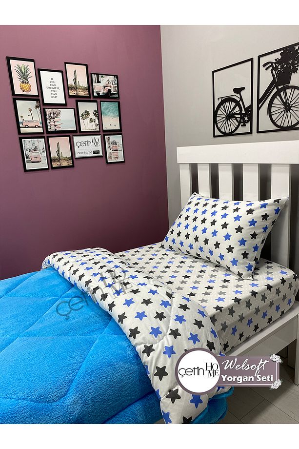 Tek Kişilik Çift Yönlü Welsoft Yorgan Yastık Kılıflı Yumuşak Yüzeyli 155x215cm Mavi Yıldız - 4