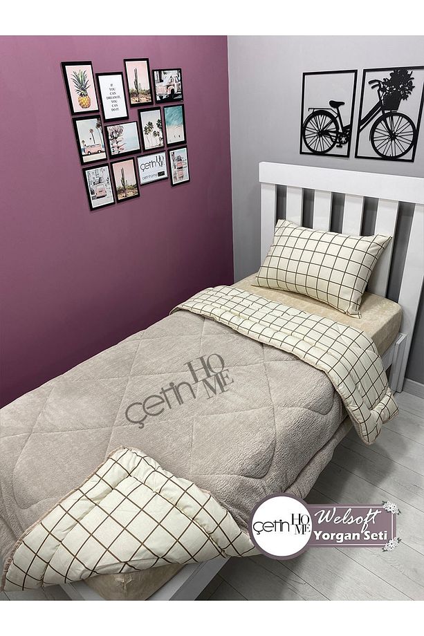 Tek Kişilik Çift Yönlü Welsoft Yorgan Yastık Kılıflı Yumuşak Yüzeyli 155x215cm Kare Krem - 2