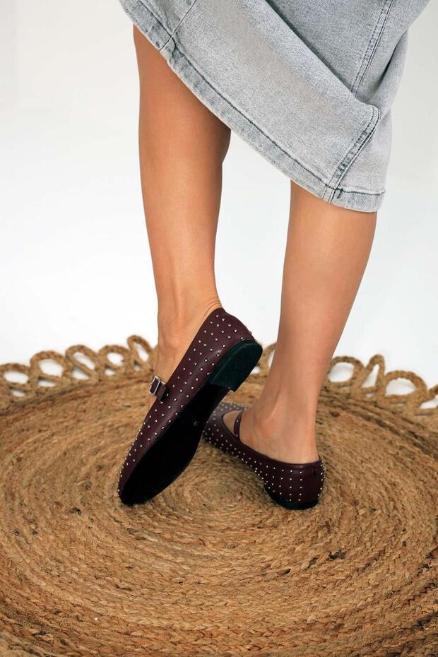 Kadın Bordo Mejita Iğne Troklu Tek Bant Deri Babet Byndmjit01 - 5