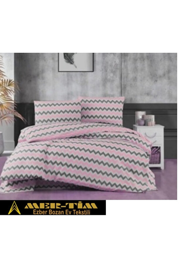 Mer-Tim Cotton Ranforce Small Size Pink-Grey Zigzag 135X200 Duvet Cover Set (Sheet Not Included)