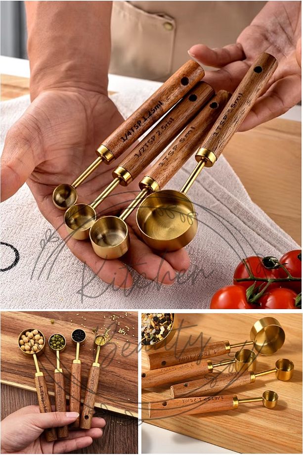 4 Adet Gold Paslanmaz Çelik Ahşap Saplı Ölçü Kaşığı Seti Ölçü Kabı 1.25ml 2.5ml 5ml 15ml - 1