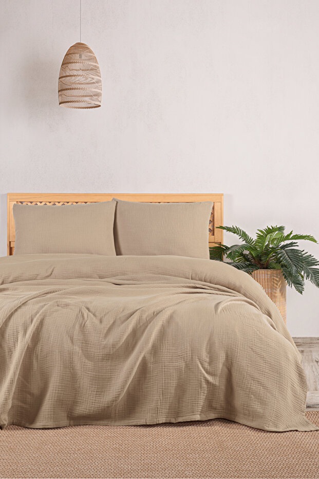 4 Layer Muslin Double Bed Cover Set-230X250 Cm, Summer Pique & Pillow Case (3 Pieces)-Beige