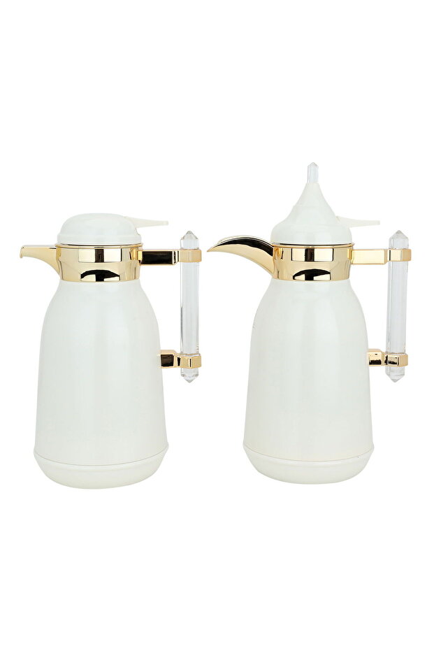 Shahad Set Of White And Silver Thermos With Gold Font And Acrylic Handle, Two Pieces