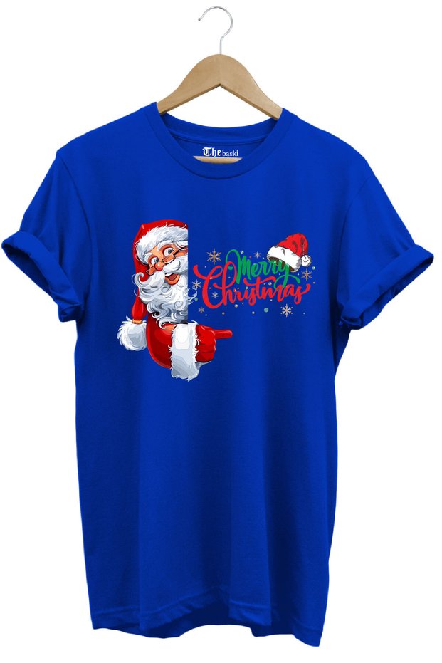 Christmas New Year Santa Claus Design Printed 100% Cotton Premium Blue T-Shirt