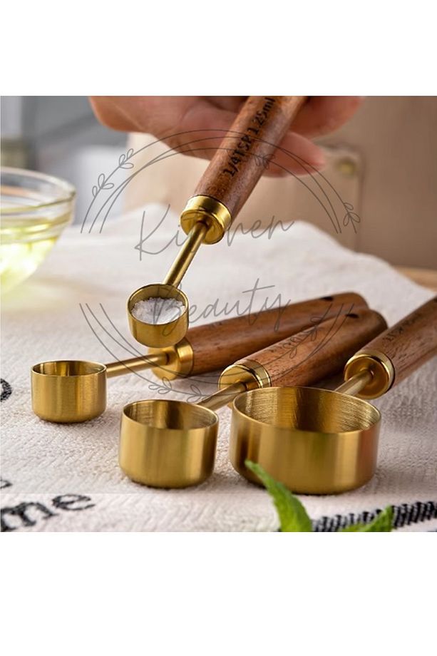 4 Adet Gold Paslanmaz Çelik Ahşap Saplı Ölçü Kaşığı Seti Ölçü Kabı 1.25ml 2.5ml 5ml 15ml - 3