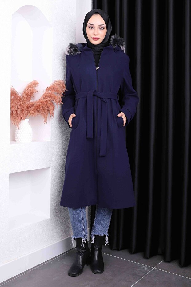 Navy Blue Waist Belted Cashmere Coat