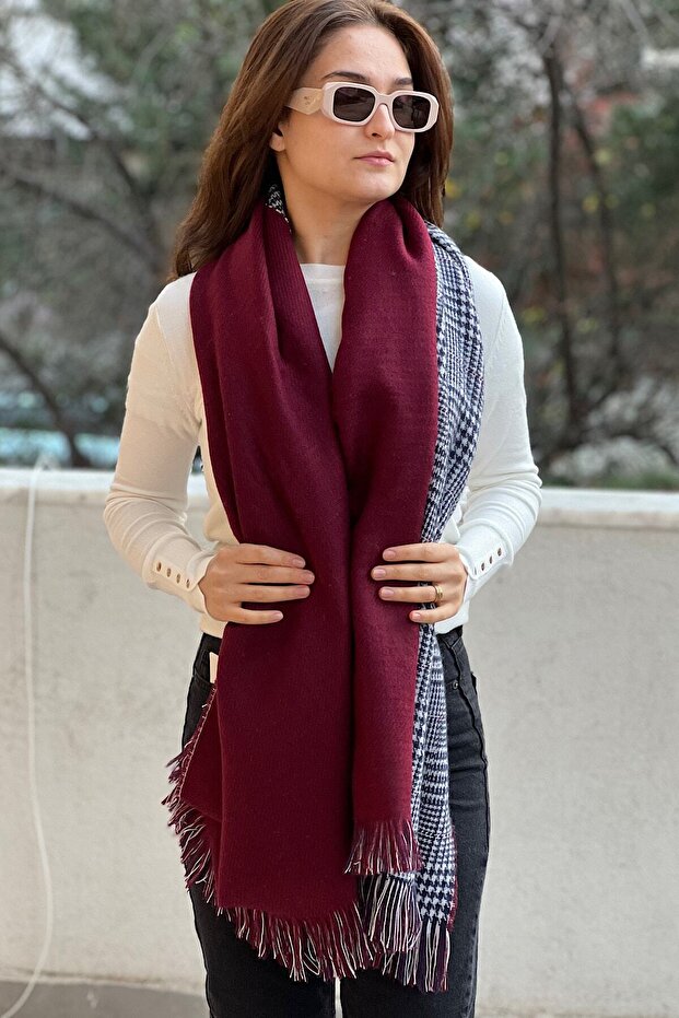 Plaid Patterned Wool Textured Double Sided Scarf Shawl