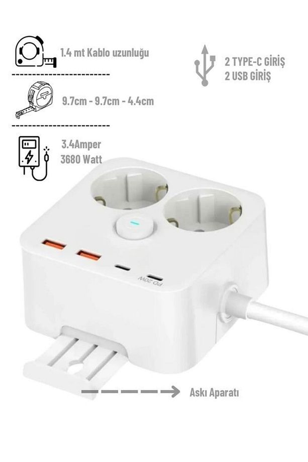 3680W 2'li Priz, 2 USB ve 2 Type-C Portlu, 1.4m Kablo, 3.4A Çıkış, Askı Aparatlı, Akım Korumalı - 2