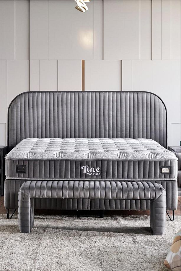 Line Visco Lüks Yatak Baza ve Başlık Seti 180x200 cm Çift Kişilik Yatak Baza Başlık Takımı Koyu Gri - 3