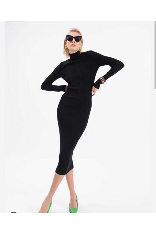 Turtleneck Midi Length Ribbed Pencil Dress