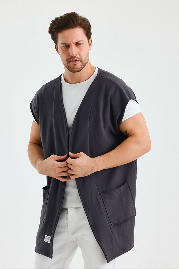 Sıfır Kol Oversize Bohem Yelek Çift Cepli - 3