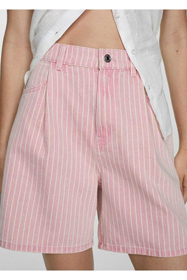 Çizgili denim şort - 5