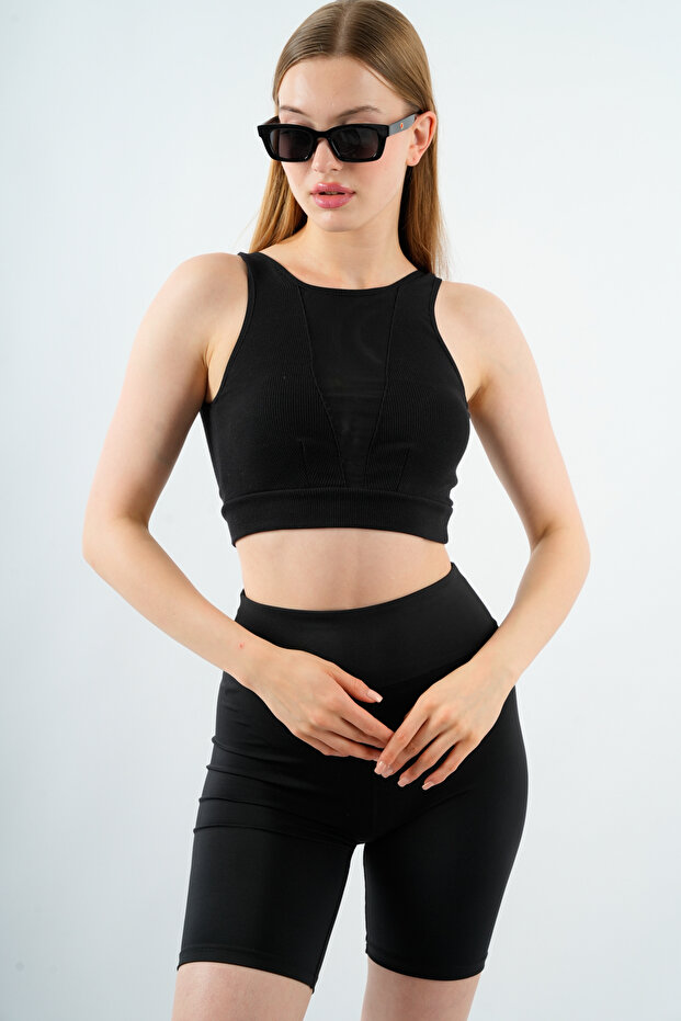 Women's Ribbed Crop Undershirt Front Tulle Detailed Bustier Blouse with Removable Pads