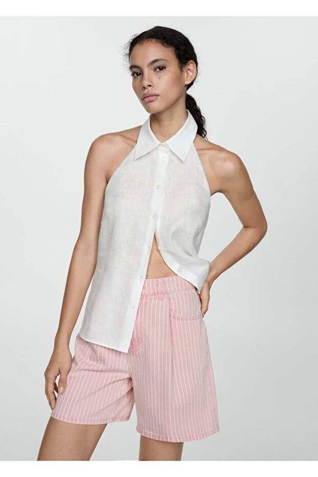 Çizgili denim şort - 1