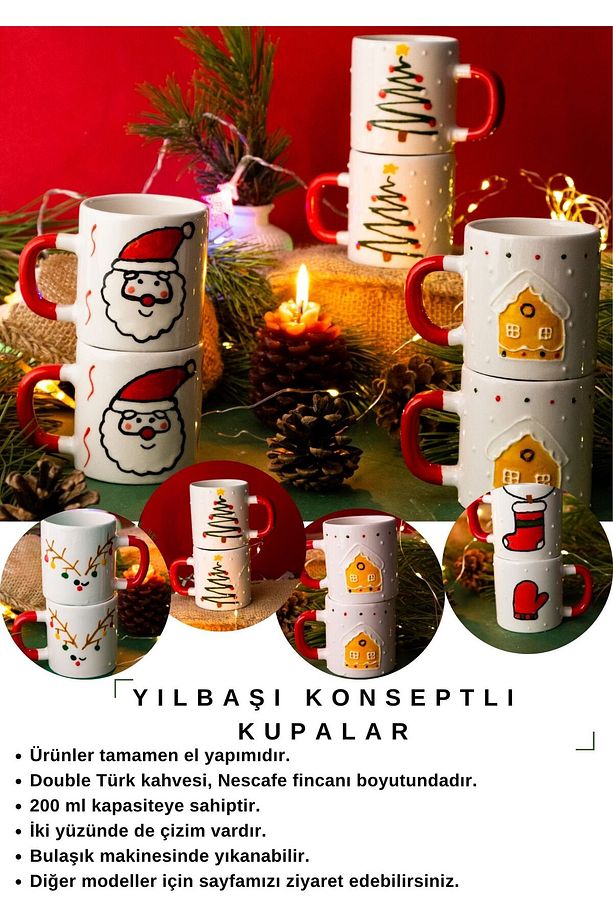 El Yapımı Seramik 2'li Noel Baba Ağacı Kupası, Seramik Fincan, Double Türk Kahvesi, Hoho - 6