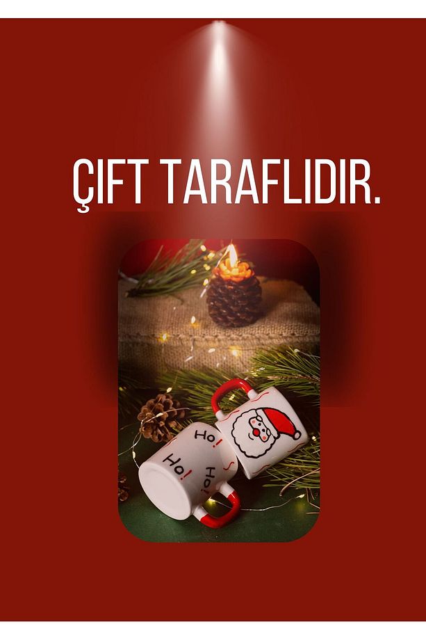 El Yapımı Seramik 2'li Noel Baba Ağacı Kupası, Seramik Fincan, Double Türk Kahvesi, Hoho - 2