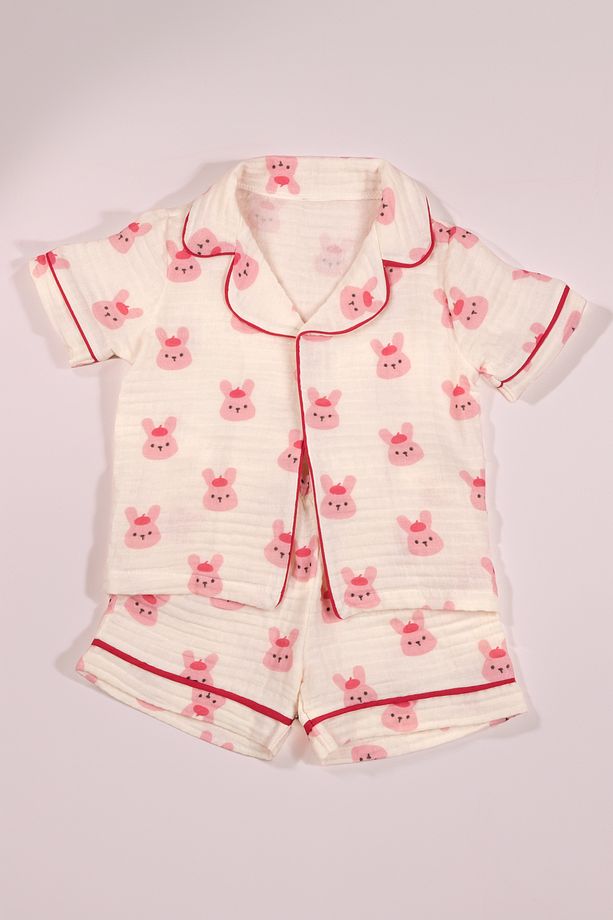 Çoçuk Alt Üst Şortlu Müslin Takım Pijama - Happy Bunny | Yeni Sezon - 2
