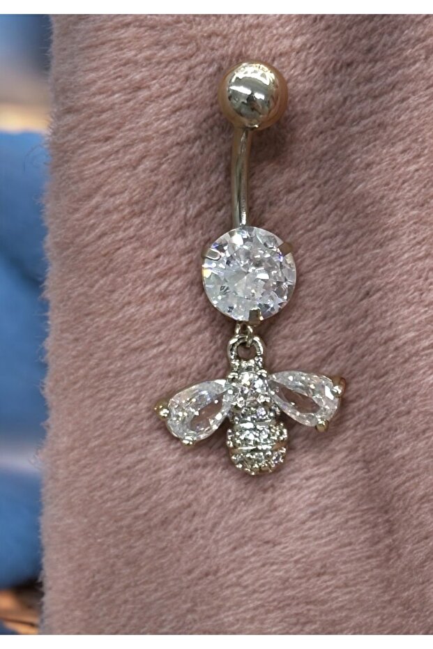 Çelik Kararmaz Sallanan Arı Desenli Zirkon Taşlı Göbek Piercing - 2