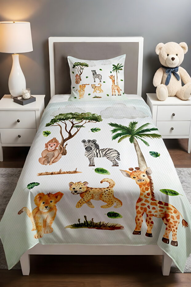 Single Baby Kids Pique Set with Spilt Leaves and Safari Pattern