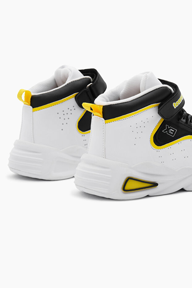 Gyermek uniszex fehér, sárga Faylon talpú gumifűzős és tépőzáras sport kosárlabdacipő - 5