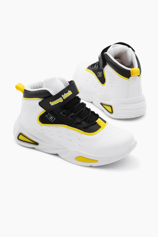 Gyermek uniszex fehér, sárga Faylon talpú gumifűzős és tépőzáras sport kosárlabdacipő - 4