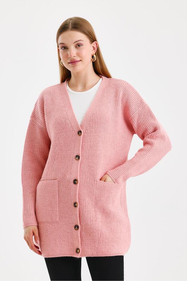 Women's Buttoned Oversize Long Pink Knitwear Cardigan with Pockets