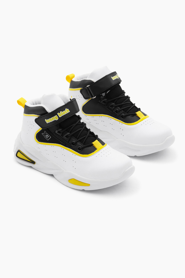Gyermek uniszex fehér, sárga Faylon talpú gumifűzős és tépőzáras sport kosárlabdacipő - 2