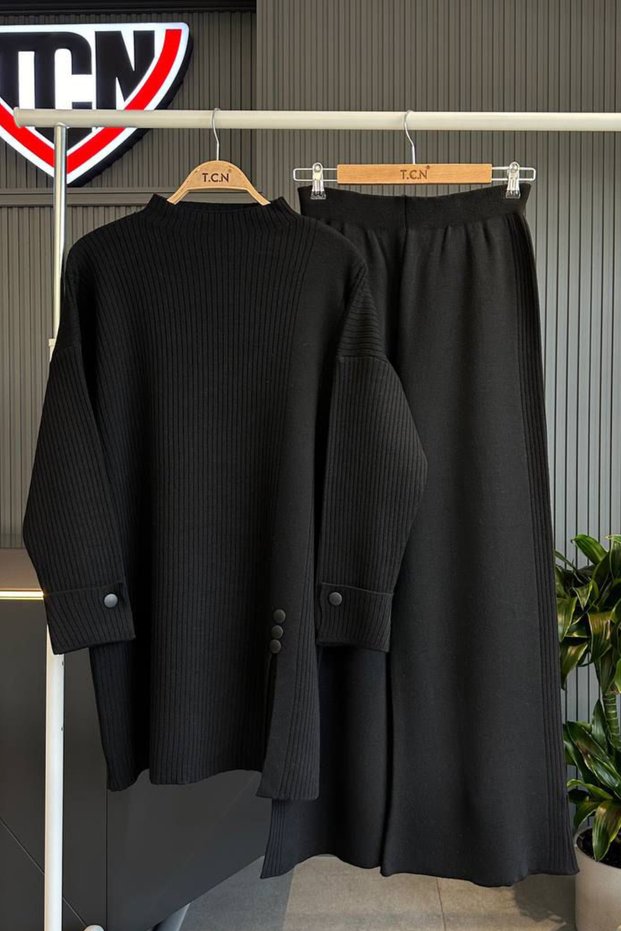 Women's Black Standard Knitwear Ribbed Button Detailed Double Set Tunic Trousers Hijab Set