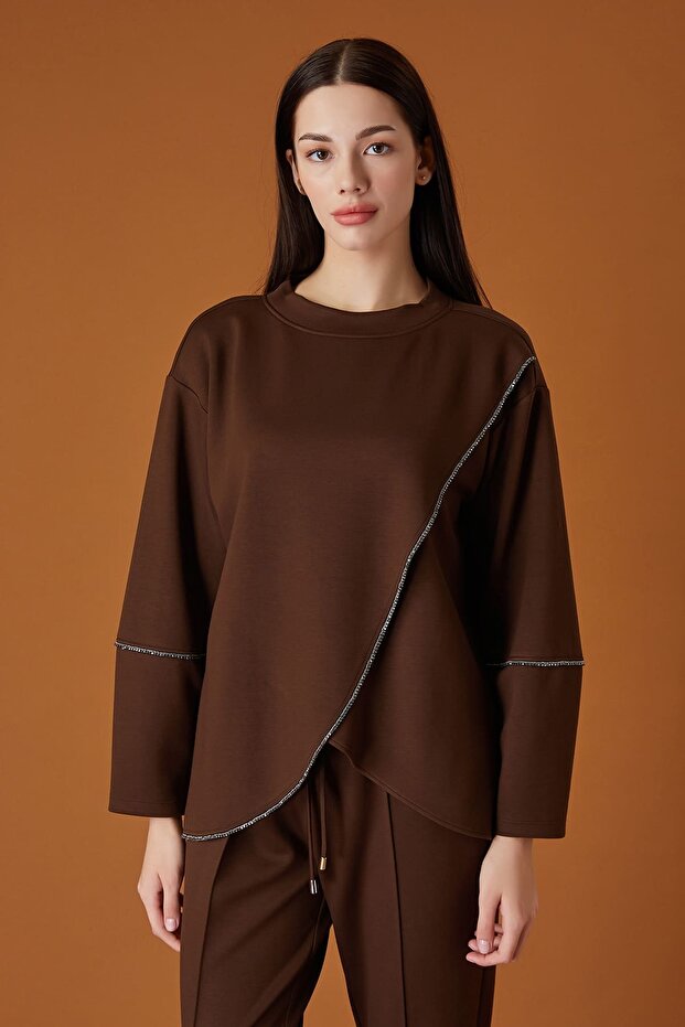 Taşlı şeritli örme bluz - 1