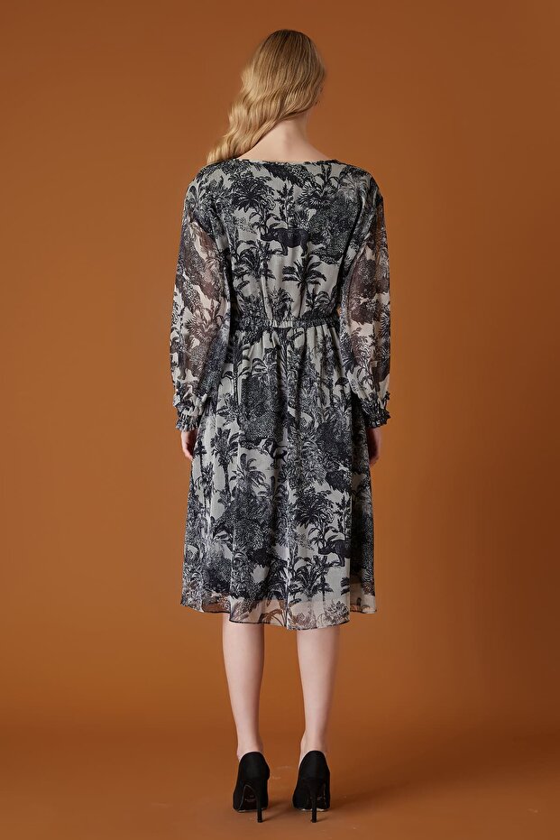 Desenli şifon elbise - 4