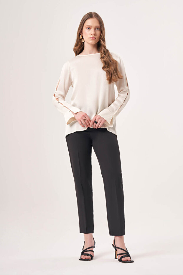 Long Ecru Blouse with Sleeve Detail