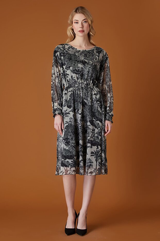 Desenli şifon elbise - 1