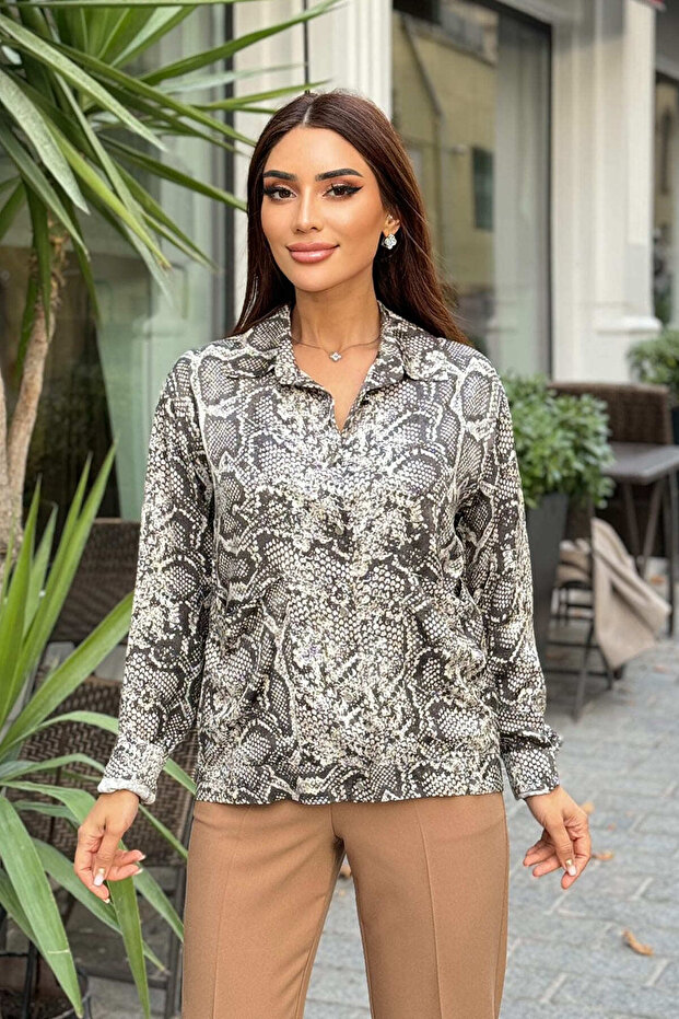 Desenli gri viskon gömlek - 6