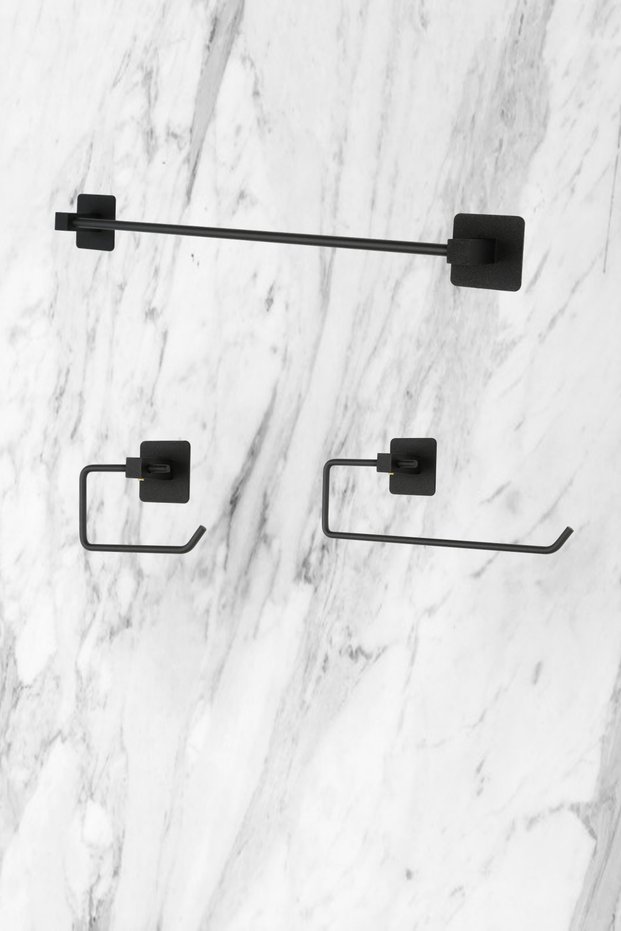 Square Adhesive Black Set of 3 Long Towel Holder-Toilet Roll Holder Wc- Roll Napkin Holder