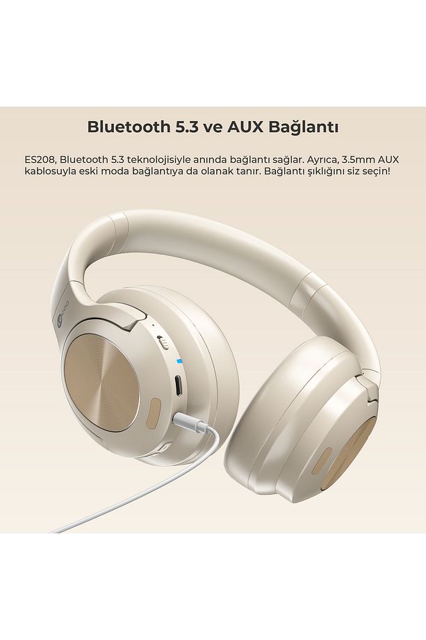 Es208 Bluetooth 5.3 Kablosuz Mikrofonlu Kulak Üstü Kulaklık Krem - 5