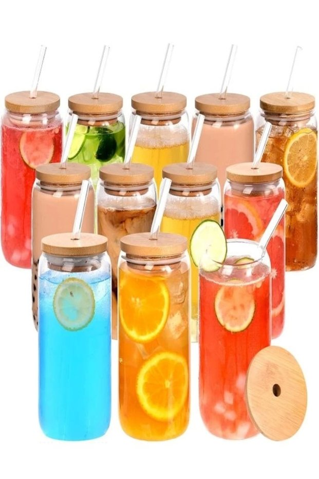 12-Piece Bamboo Lid Glass Cup with Straw Heat Resistant Borosilicate Coke Shaped Coffee Presentation Cup