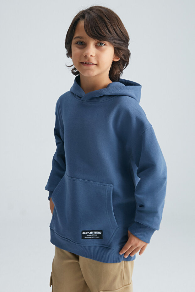 GRIMELANGE Morıs Erkek Çocuk %100 Pamuk Kapüşonlu Indigo Sweatshirt