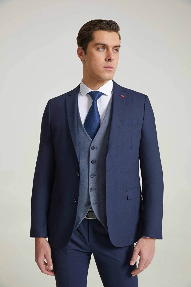 Slim Fit Navy Blue Dobby Mono Collar Viscose Suit Combination