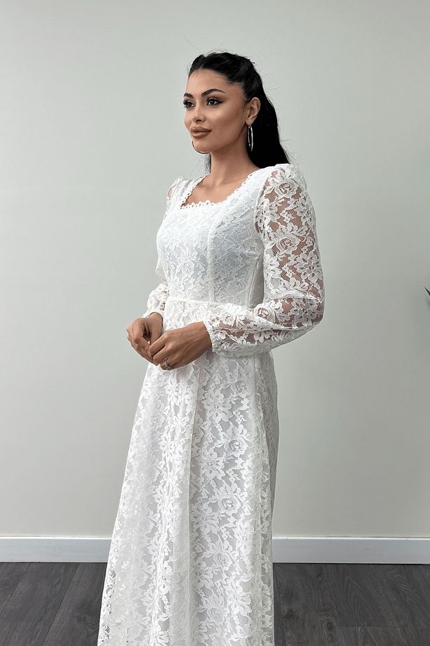 Dantel Kumaş Kare Yaka Midi Elbise Elbise - BEYAZ - 5
