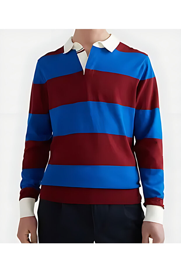 Men's Polo Neck Sweat - Burgundy Blue