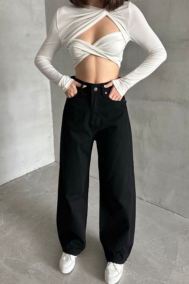 Kadın JeansMode Yüksek Bel Bol Paça Baggy Siyah Kot Pantolon - 4
