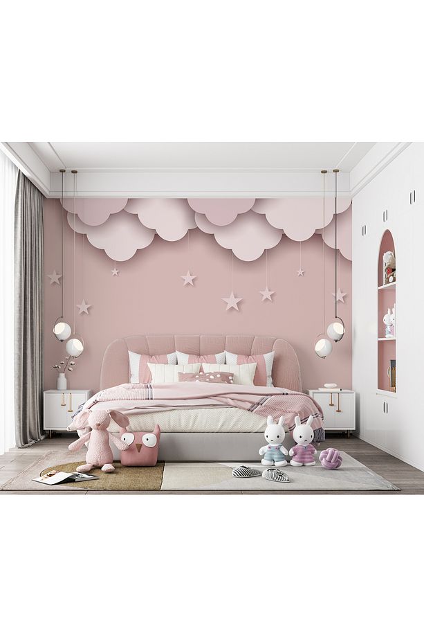Pembe Bulutlar ve Yıldızlar Çocuk Odası Duvar Kağıdı - 3