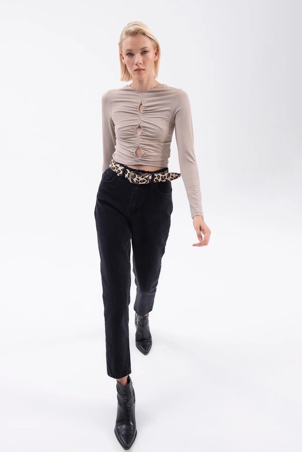 Black Women's Mom Jeans, High-Waisted, Non-Stretch, 100% Cotton Denim Pants, Anna Model.