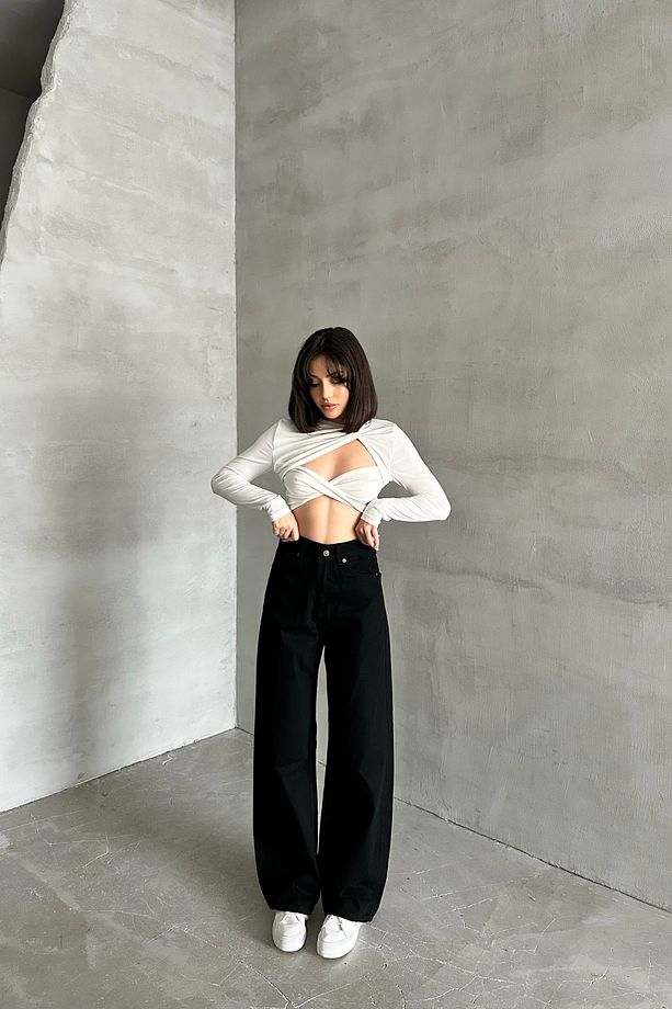 Kadın JeansMode Yüksek Bel Bol Paça Baggy Siyah Kot Pantolon - 3